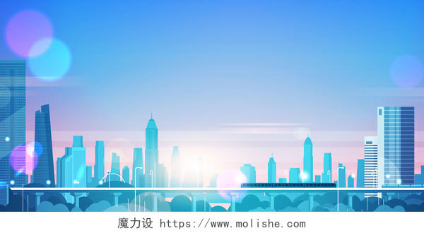 蓝色光圈城市建筑矢量展板背景